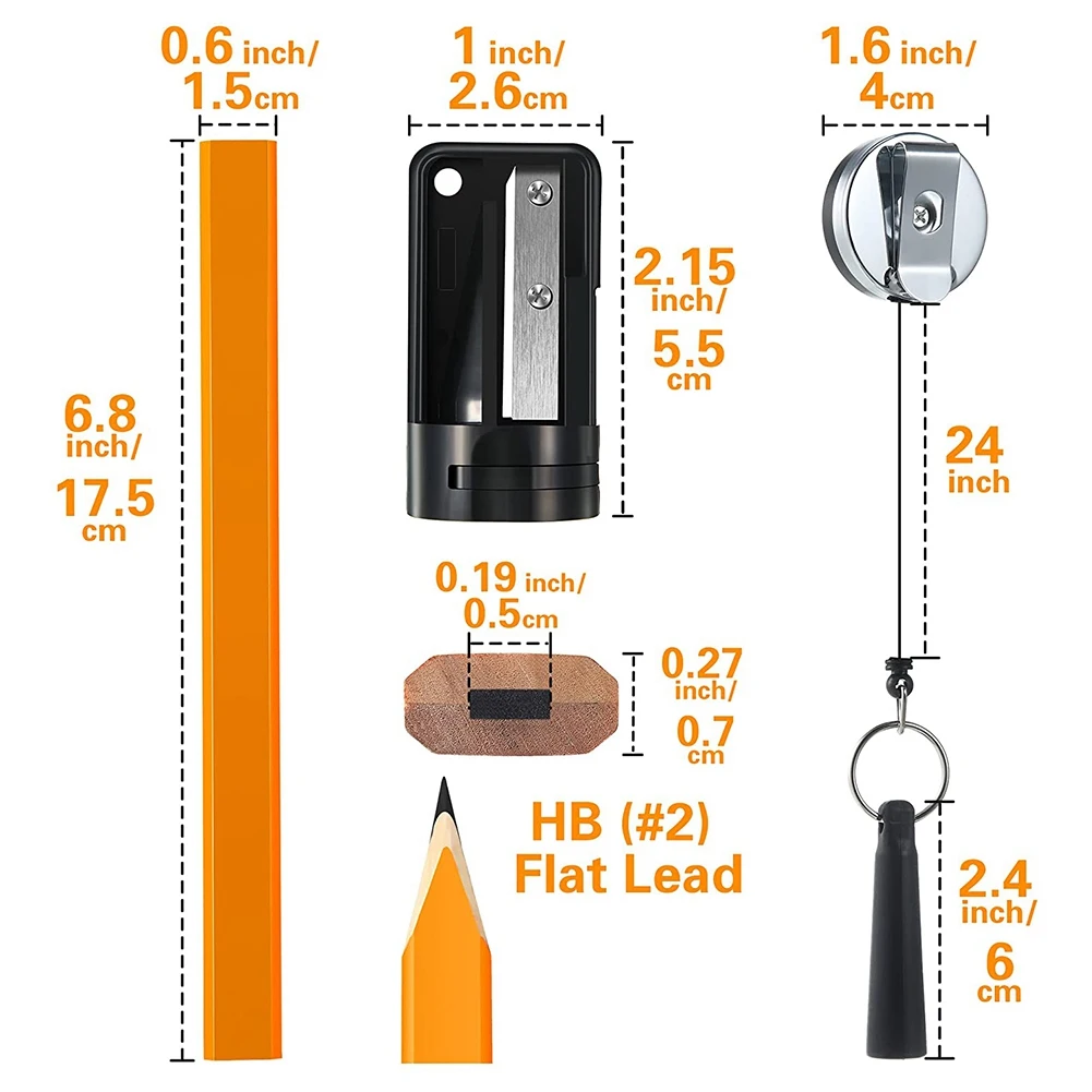 

12 шт. 7 дюймов HB плоские Восьмиугольные Плотницкие маркировочные карандаши с точилкой для карандашей, выдвижной держатель для ручки
