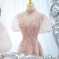pink evening dresses illusion lace high neck short sleeve sequins beading a line tulle backless women wedding banquet party gown