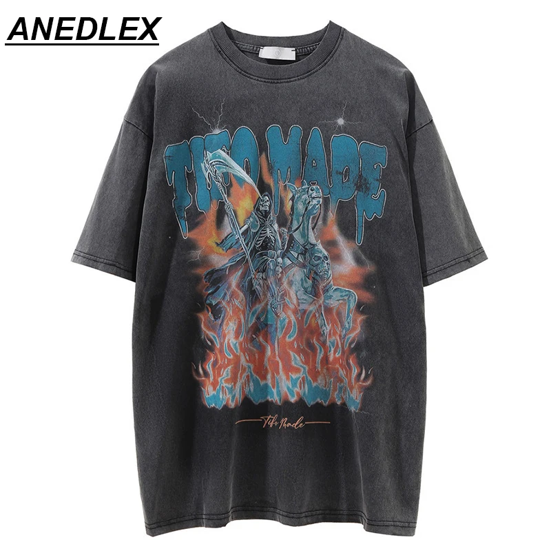 Camiseta de Hip Hop lavada para hombre, ropa de calle con estampado de calavera de demonio y Caballero, camiseta informal de algodón Harajuku de verano, 2022