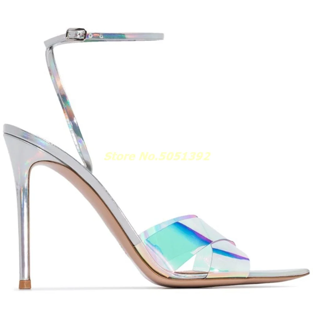 Colorful PVC Sandals Cross One Word Belt Pointy Toe Stiletto High Heel Rainbow Colors Shoes Ankle Buckle Strap Fashion Sandals