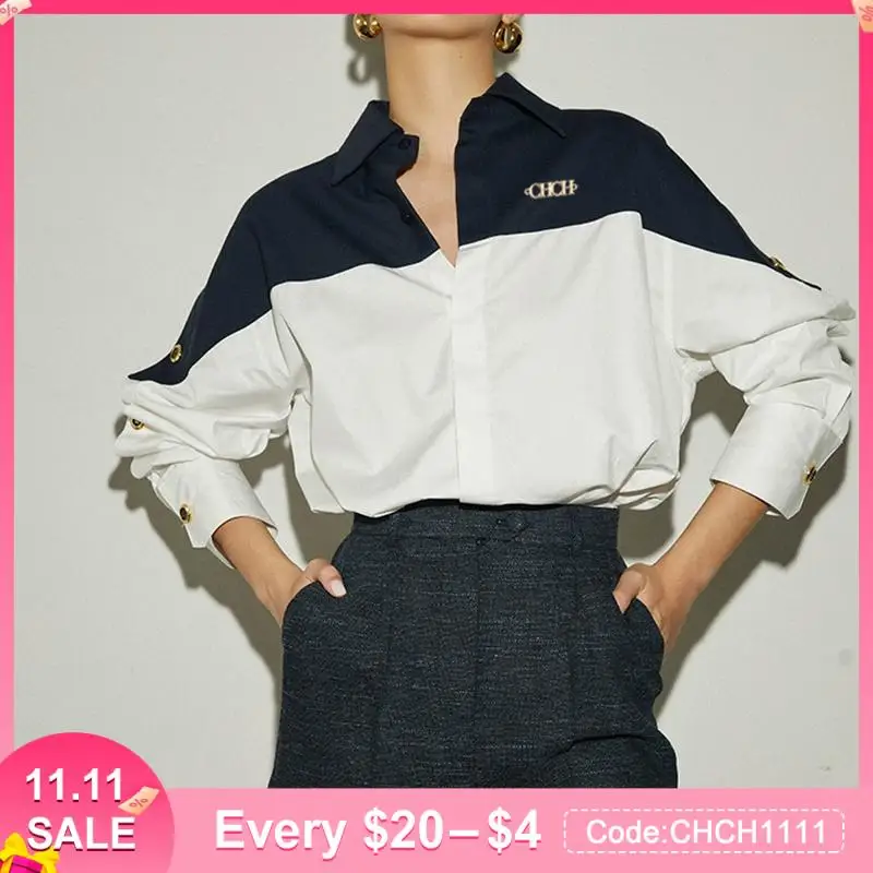 

2023 New Summer 3 Color Contrast Patchwork Women's Blouses Brand Design Fashion Shirt Tops Temperament Sense Long Sleeve Shirts