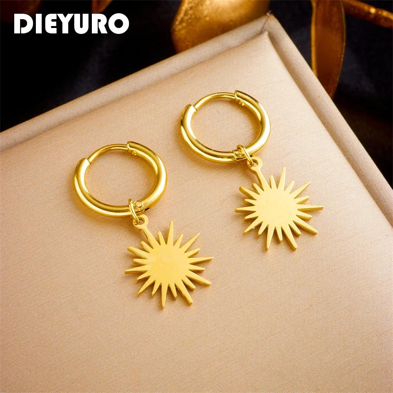 

DIEYURO 316L Stainless Steel Gold Color Sun Pendant Earrings For Women Girl New Trend Ear Buckle Non-fading Jewelry Gift Party