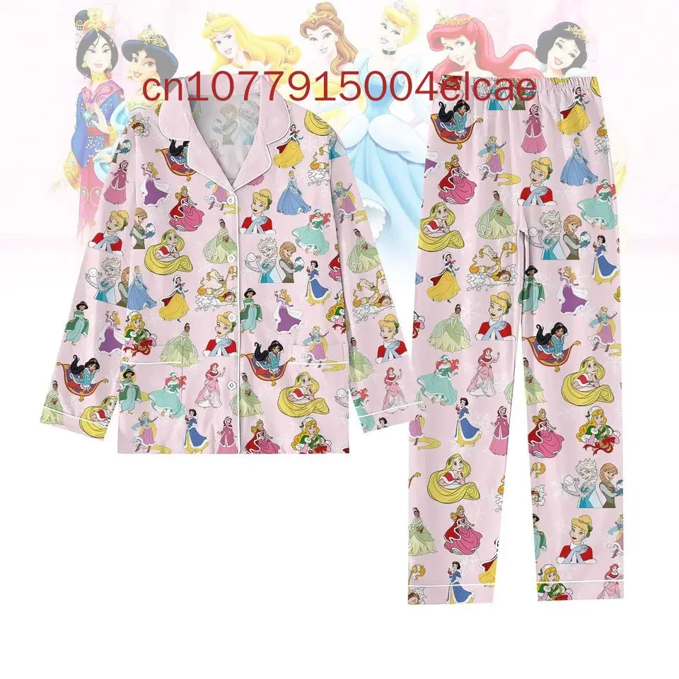 Disney Frozen Elsa Christmas Pajamas Set 2024 New Fashionable and Casual Men's Women's Long Sleeved Shirts