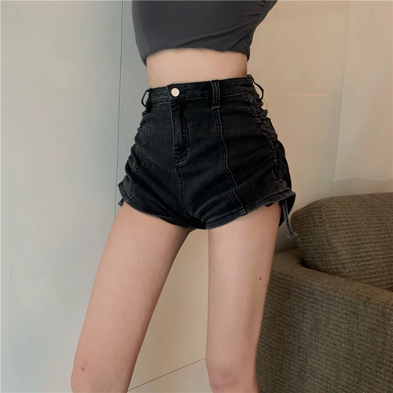 

Real Shot Summer New Korean Version of Pure Sexy Drawstring Denim Shorts High Waist Was Thin and Long Legs Hot Girls Hot Pants