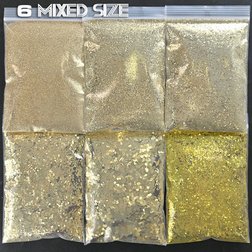 

6 Size Kits-Gold 60g Aurora Nail Glitter Powder Gradient Hexagon Glitter Holographic Iridescent Flakes Slice Sparkly Chunky DEC6