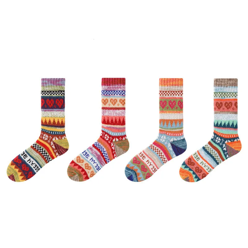 5 Pairs Super Warm Winter Socks Middle Tube Love Ethnic Thick Warm Rabbit Wool Women Socks