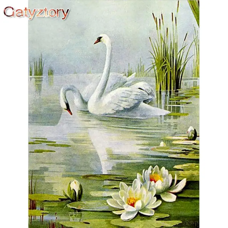 

GATYZTORY Oil Painting By Numbers Lotus Swan Animals DIY 60x75cm Frameless Home Decor Digital Painting on canvas For Unique Gift