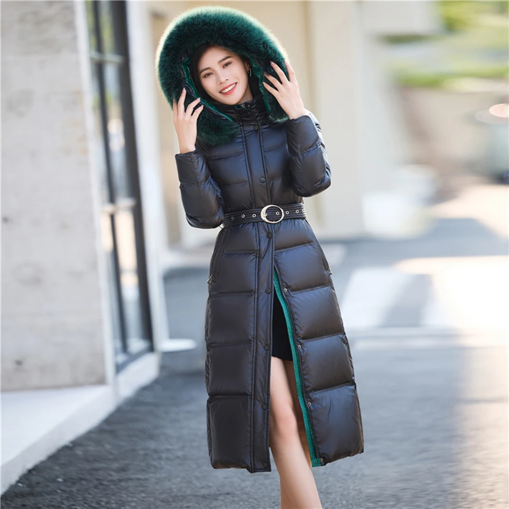 New Women Real Fox Fur Collar Down Coat Winter Fashion Hooded Two-colour Belt Slim Long Down Jacket Thicken Warm Black Overcoat