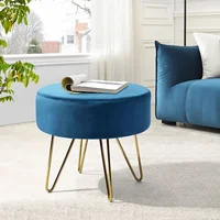17.7" Teal and Gold Decorative Round Shaped Ottoman with Metal Legs