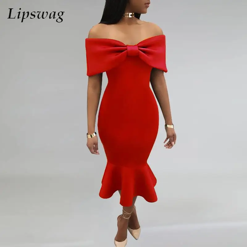 

Сексуальное вечернее платье с открытыми плечами и бантом, модное женское платье средней длины с воротником-лодочкой, элегантное однотонное...