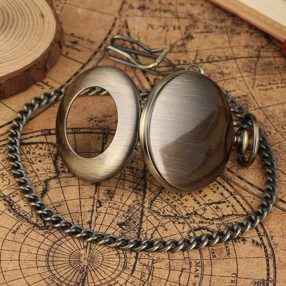Circle Hollow Polished Smooth Bronze Mechanical Pocket Watch Hand Winding Vintage Roman Numerals Dial Man Clock  Pocket Chain