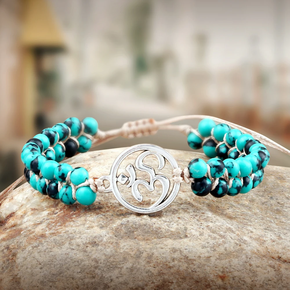 Двухрядный плетеный браслет 4 мм из зеленого и черного натурального камня