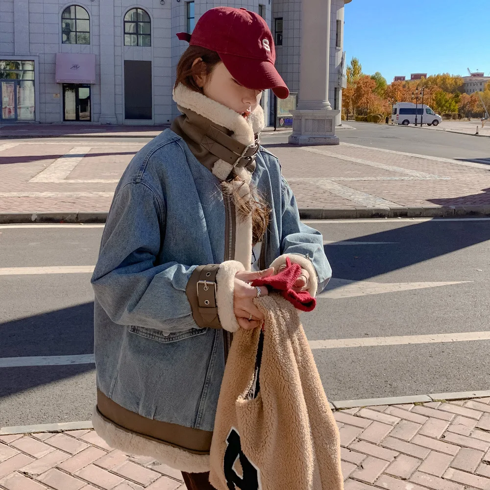 Lamb wool pie overcame cashmere denim coat women's winter loose thickened casual cotton coat