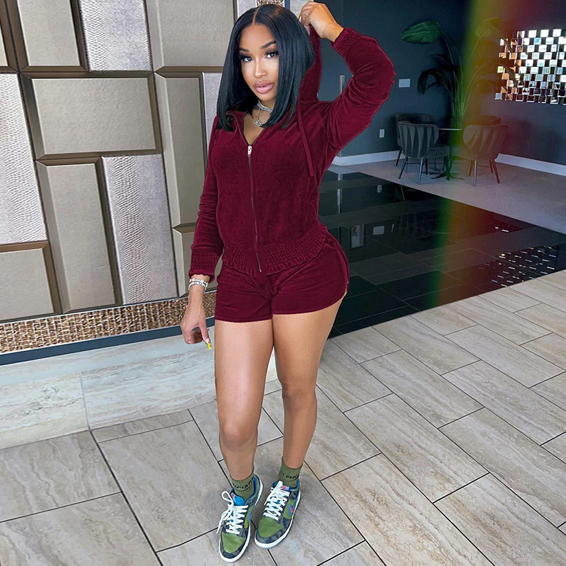 

Wishyear 2022 Velvet Tracksuit Sports Two Piece Set Autumn Clothes for Women Cropped Hooded Jacket and Shorts Winter Streetwear