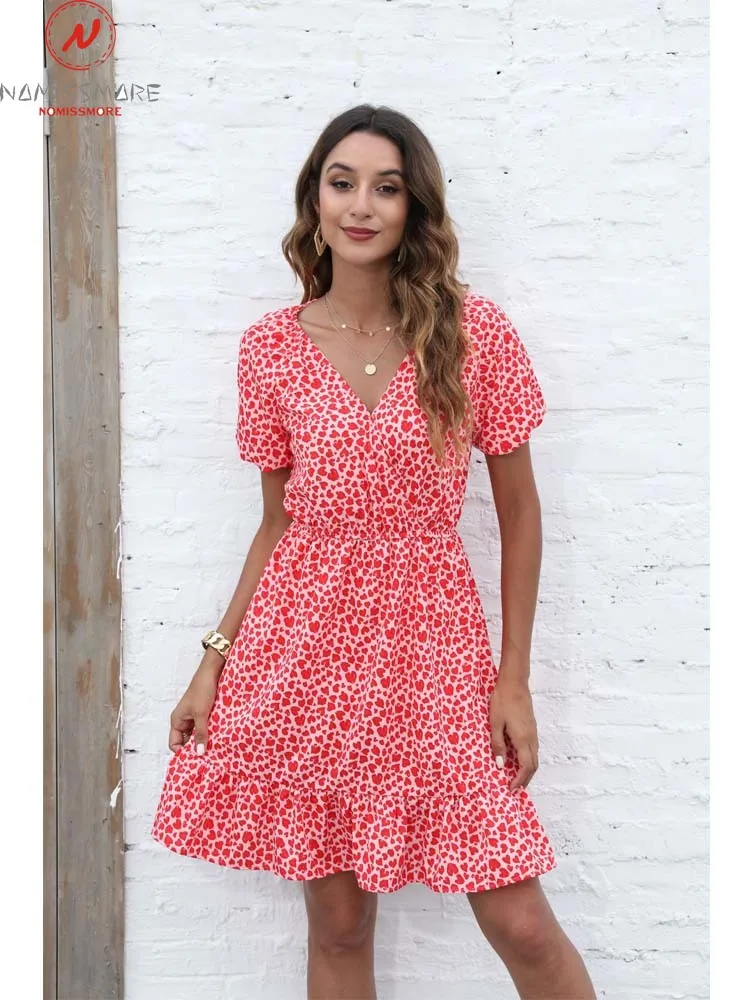 

Sweet Women Summer Print A-Line Dress for Steetwear Patchwork Design Ruffles Decor V-Neck Short Sleeve Mid Waist Slim Mini Dress
