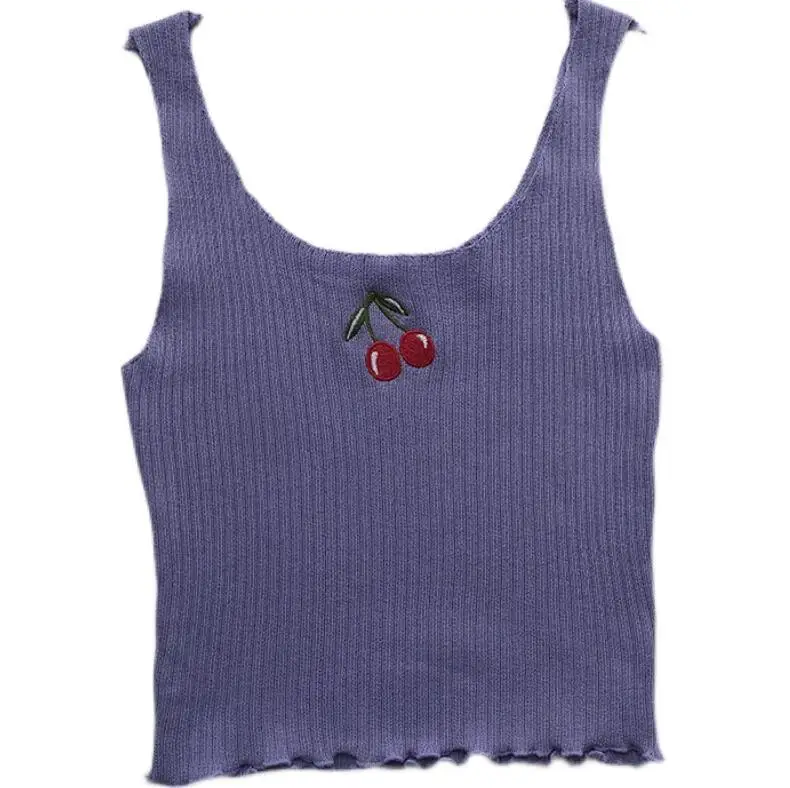 

Summer New Slim Fit Short Sleeveless Knitted Embroidered Cherry Strap Tank Top,8 Colors