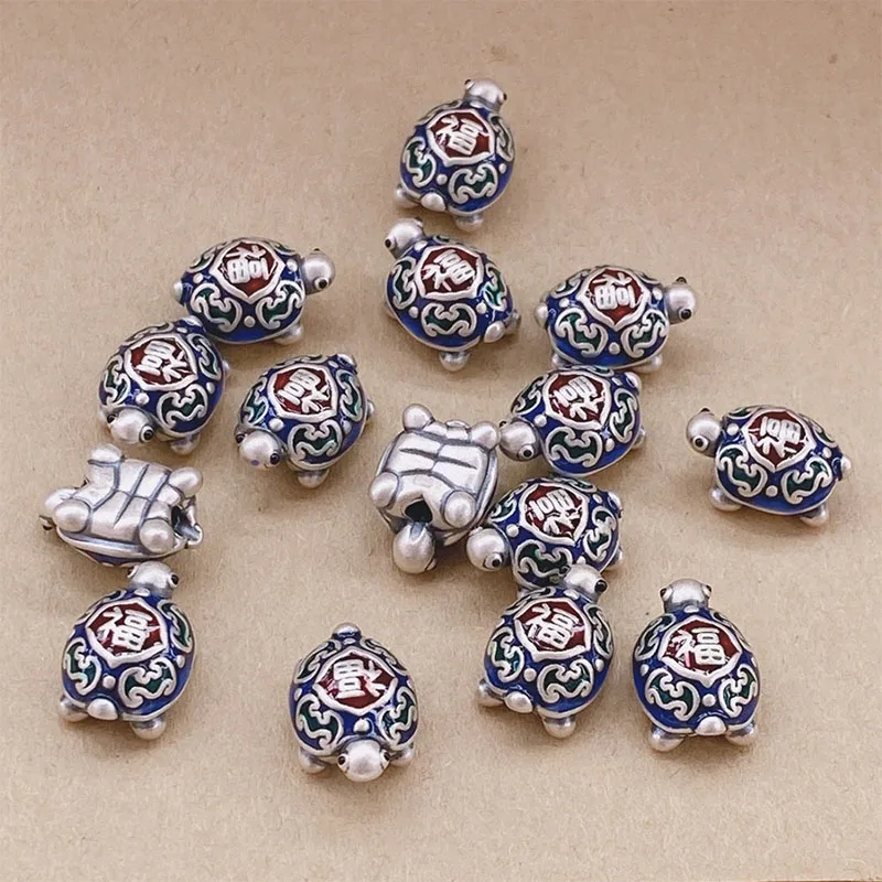 S999 Foot Silver Cute Rubber Drop Turtle with Beads Retro 3D Hard Silver Fuzi Horizontal Hole DIY Beaded Fashion Jewelry