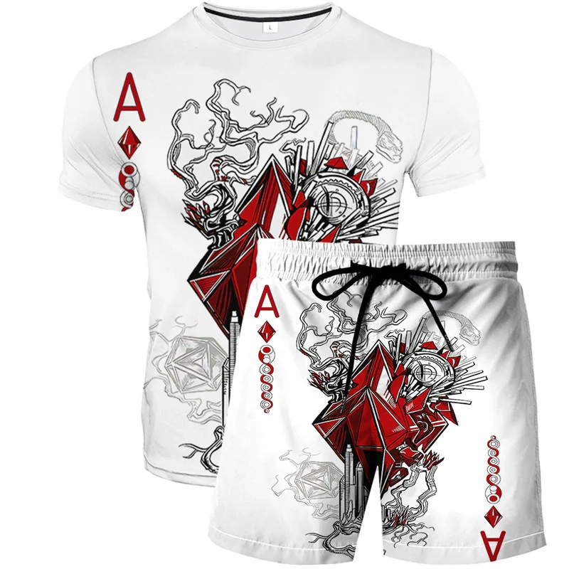 

Men 2 Pieces Set Summer Sportwear Poker Playing Card 3D Print Casual Men Sets Short Outfits T Shirt Shorts Male Tracksuit Set