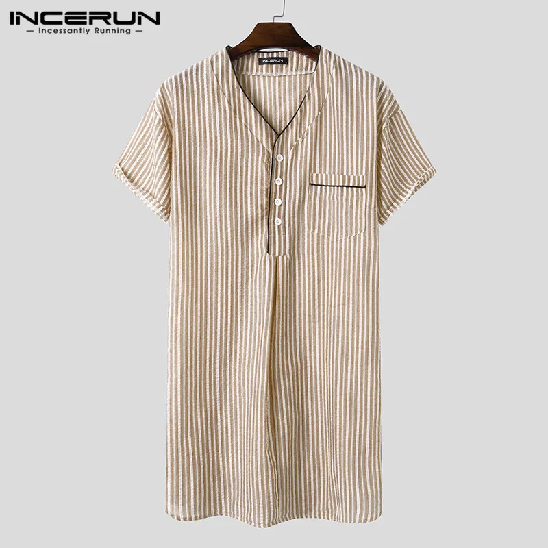 INCERUN Men Striped Sleep Robes Nightgown Short Sleeve V Neck Cotton Homewear 2020 Breathable Men Dressing Gown Cozy Bathrobes