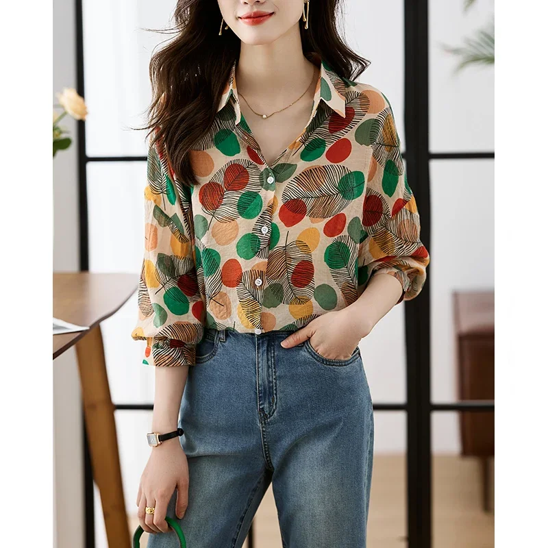 Шикарная Тонкая Повседневная женская шифоновая рубашка в стиле ретро с цветным