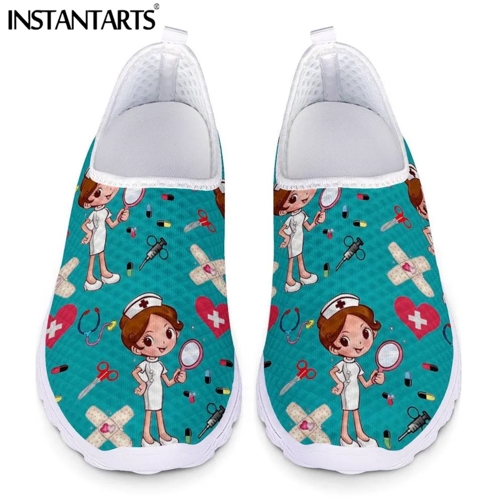 INSTANTARTS Nursing Shoes for Women Cute Cartoon Nurse Doctor Printed Slip On Flats Sneakers Spring/Autumn Casual Ladies Loafers