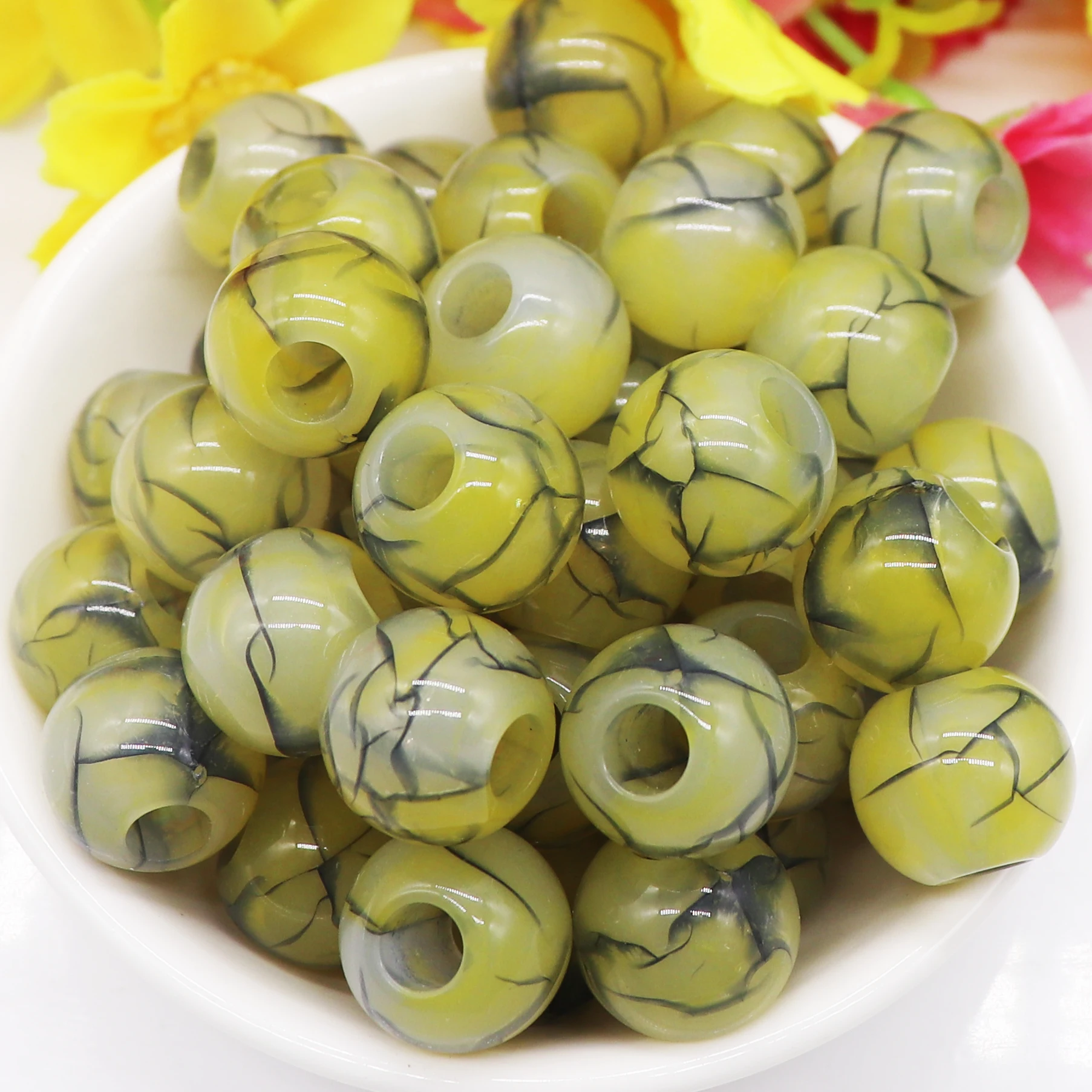 

10Pcs Yellow Stripe Color Assorted 14mm Round Loose Spacer Charms European Craft Beads for Bracelet Women Girls DIY Jewelry Gift