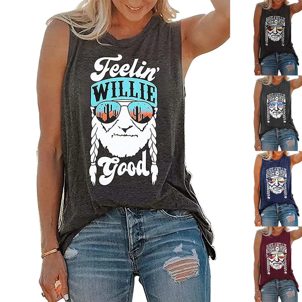 

Women's Vest, Old Man's Head Print Crew Neck Sleeveless T-shirt