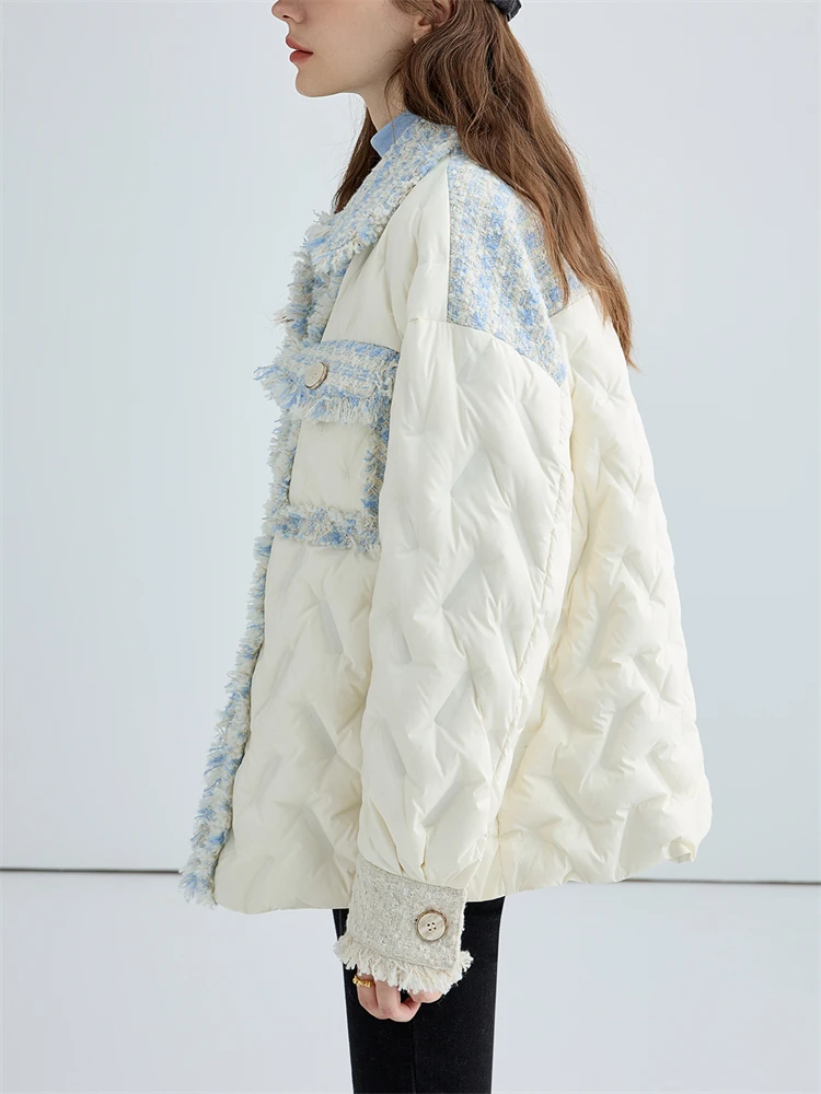 Tweed Plaid Splicing Down Jacket Women's Autumn Winter New Color Contrast Warm Loose Long Sleeve Versatile Coat Female