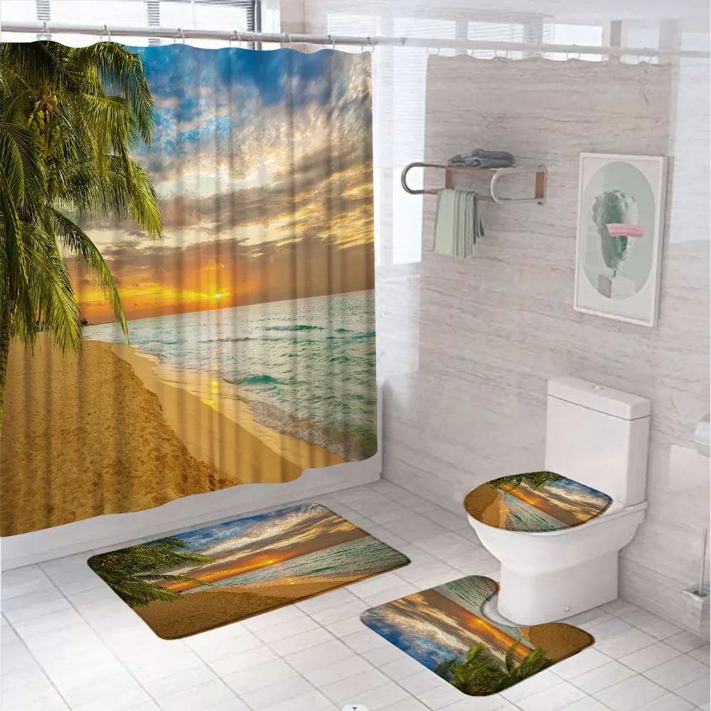 

Ocean Beach Shower Curtain Set Sunset Sea Wave Palm Tree Tropical Seaside Coastal Scenic Bathroom Decoe Toilet Rug Bath Mat Home