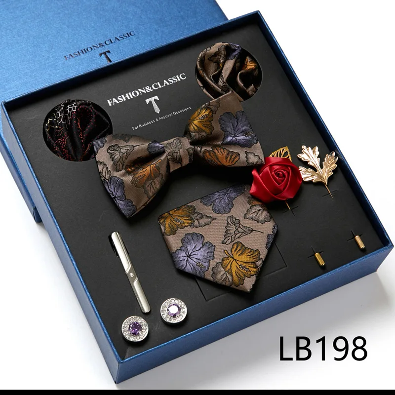 Men's Tie Set Gift Box With Necktie Bowtie Pocket Square Cufflinks Clip Brooches 8pc Suit For Wedding Party Busniess Tie For Men