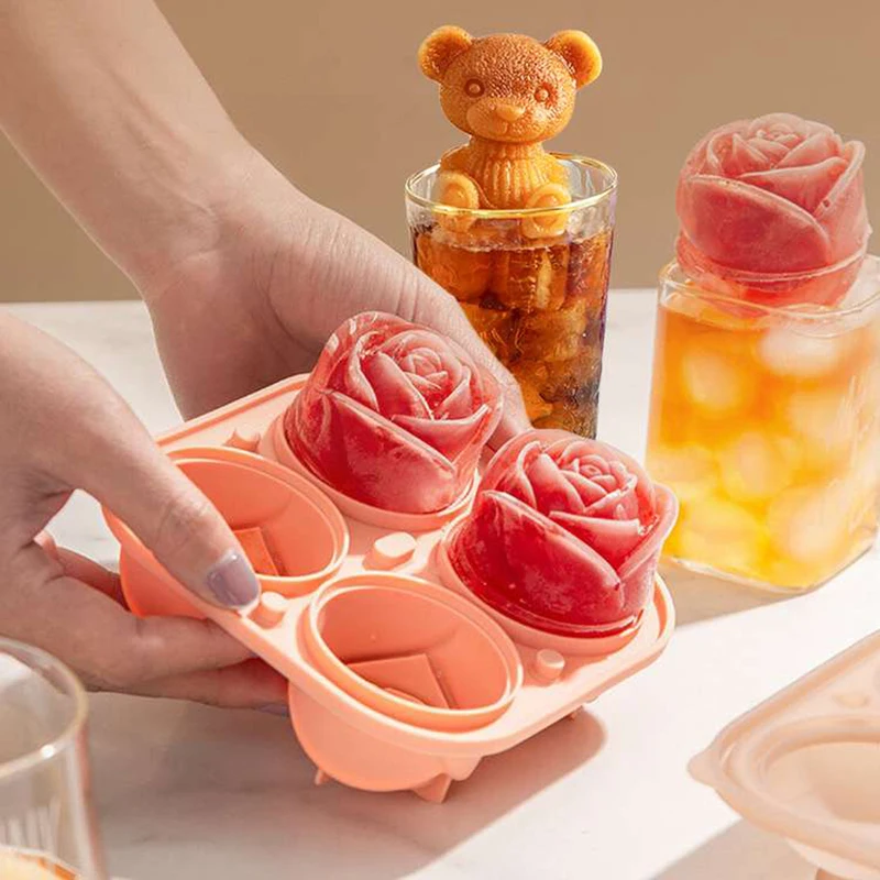 

3D Rose Flower Ice Cube Maker Teddy Bear Ice Cube Mold Cake Mould Tray Ice Cream DIY Tool Whiskey Wine Cocktail Silicone Mold