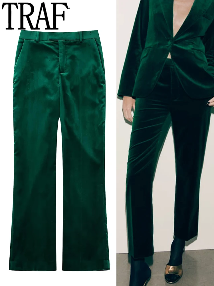 

TRAF Velvet Women Pants Winter Green Pants Female Suit Office Chic And Elegant Woman Pants Set MidWaist Vintage Women's Trousers