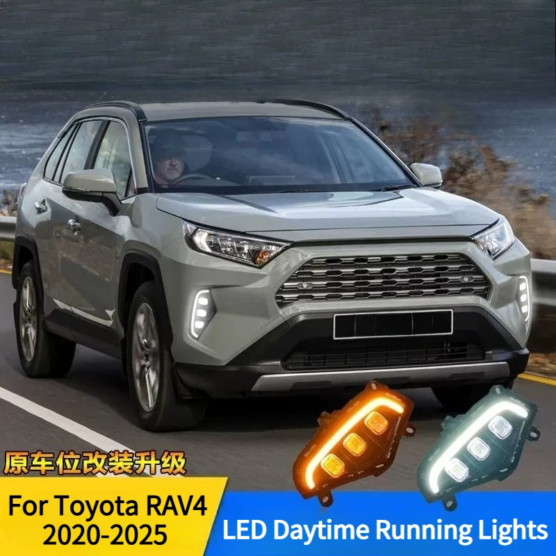 Фото Для Toyota RAV4 2020-2025: Светодиодные дневные ходовые огни (ДХО) с линзованными линзами, передние противотуманные фары, обновленная рамка, светодиодные ДХО с желтым сигналом поворота №3