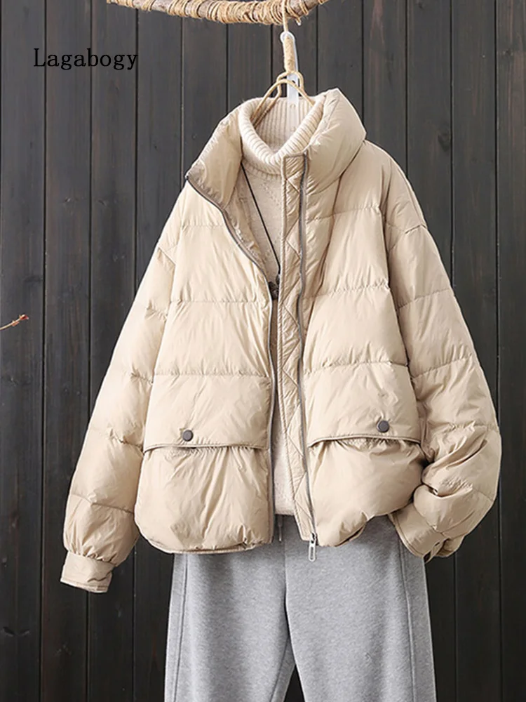 

Lagabogy 2022 New Winter Women 90% White Duck Down Jacket Loose Casual Short Warm Outwear Female Stand Collar Zipper Puffer Coat