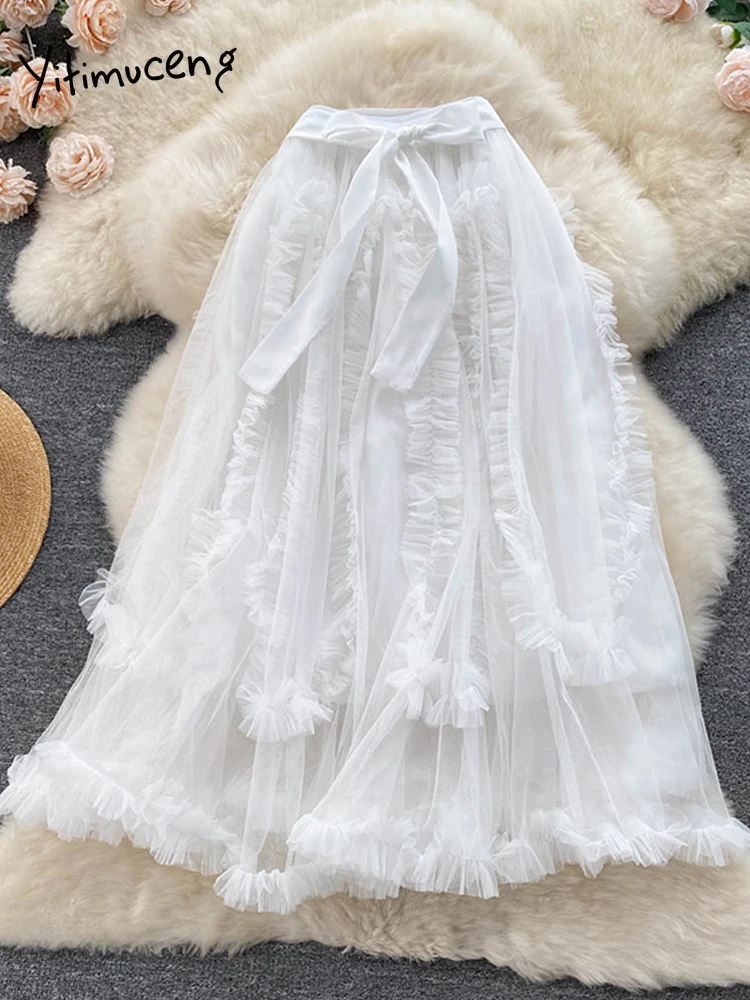 Женская Юбка-миди с поясом на резинке синяя сетчатая однотонная трапециевидная