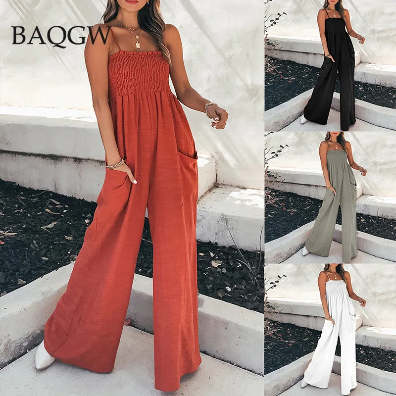 

Women Strap Loose Jumpsuit Summer Sleeveless Casual Wide Leg Pants Solid Overalls Sleeveless Pocket Jumpsuits Women Streetwear