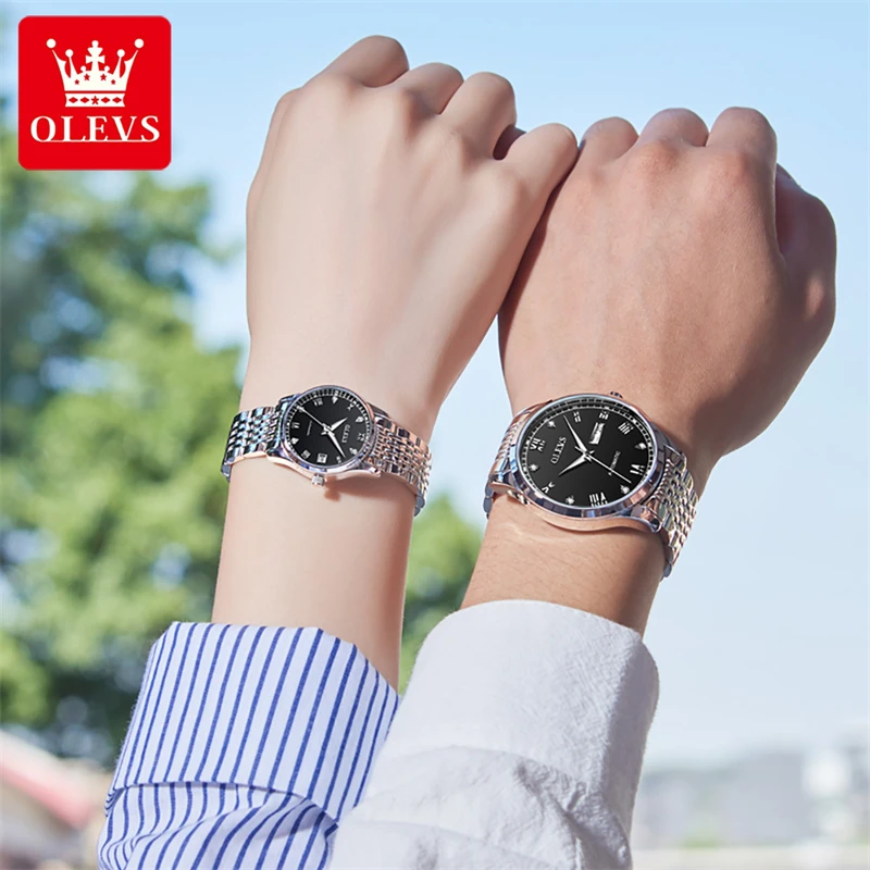 OELVS Brand Couple Watch Luxury Automatic Mechanical Watch Stainless Steel Waterproof Business Clock with Week Date Couple Gift