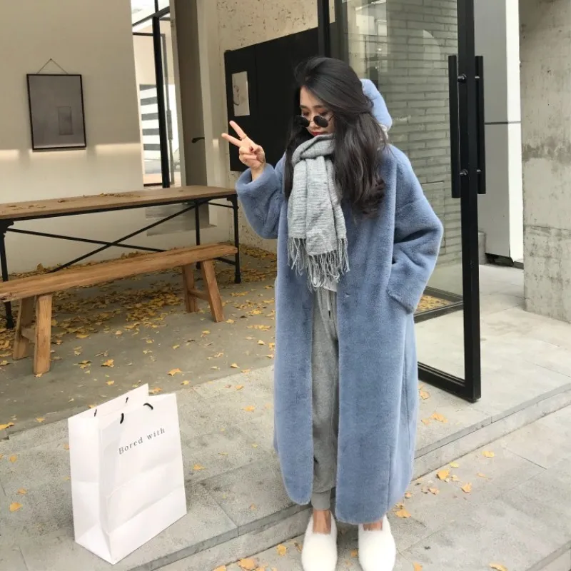 Women Long Coat 2021 Winter New Faux Mink Fur Coat Thick Warm Faux Fur Jacket Ladies Female Hooded Loose Plush Coat Oversized