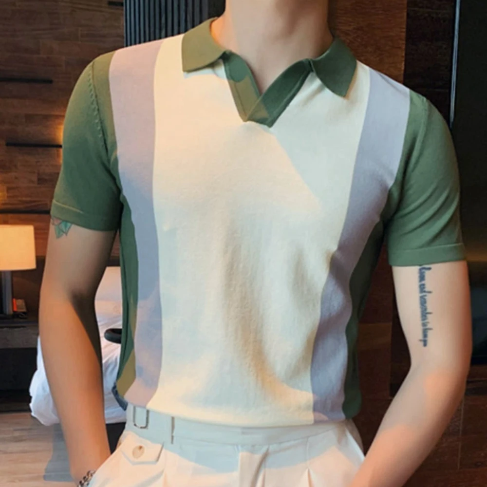 

Casual British Striped Color Contrast Knitted Polo Shirt 2023 Summer Thin Section Fashion Retro Short-sleeved Top Men's Clothing