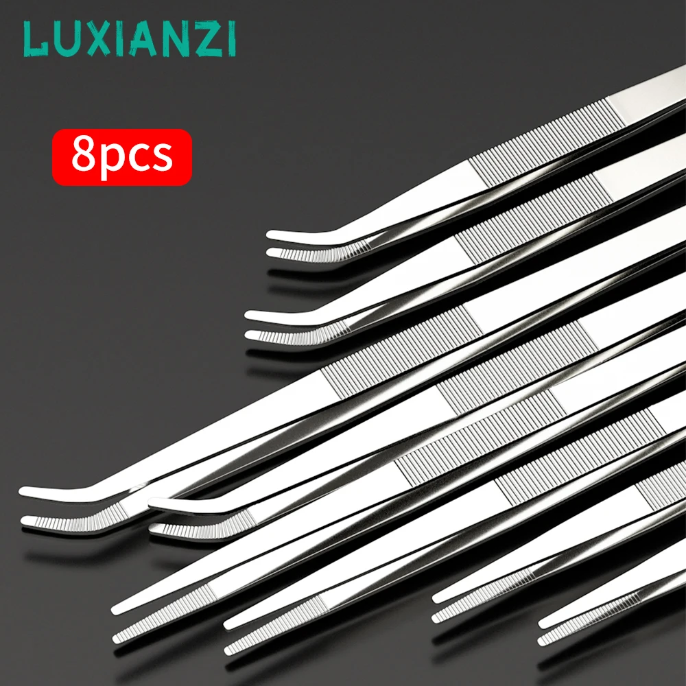 

LUXIANZI 8pcs Stainless Steel Anti-iodine Medical Tweezers Long Straight Forceps 18-30cm Straight Head Elbow Thicken Tweezer
