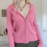 women y2k pink zip up hoody women autumn jackets long sleeve ribbed crochet stretchy sweater casual e girl hooded cardigan coat