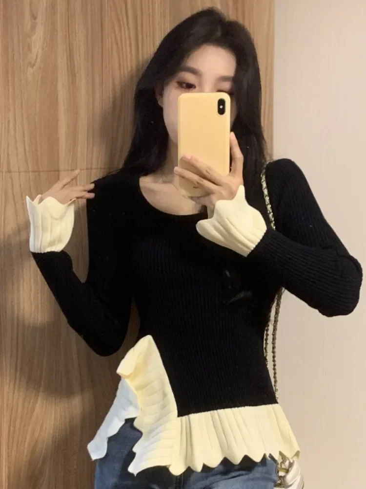 Y2K асимметричный вязаный свитер пуловеры черный Sueter Mujer винтажная туника с