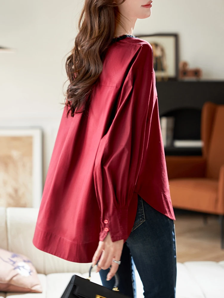 Baoshili круглый вырез с бусинами свободные красные рубашки для женщин осень и зима