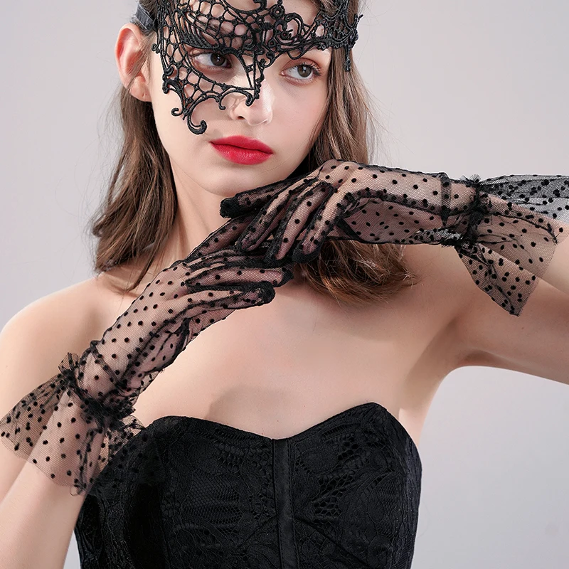

Sexy Lace Short Tulle Fashion Dot Women Gloves Stretchy Full Finger Mittens Party Dress Sheers Elegant Lady Wedding Bride Gloves