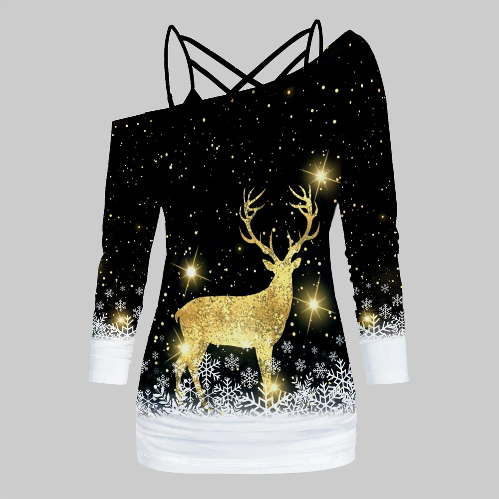 

Christmas Sparkly Elk Print Skew Collar Long Sleeve Top With Crisscross Adjustable Strap Camisole Set