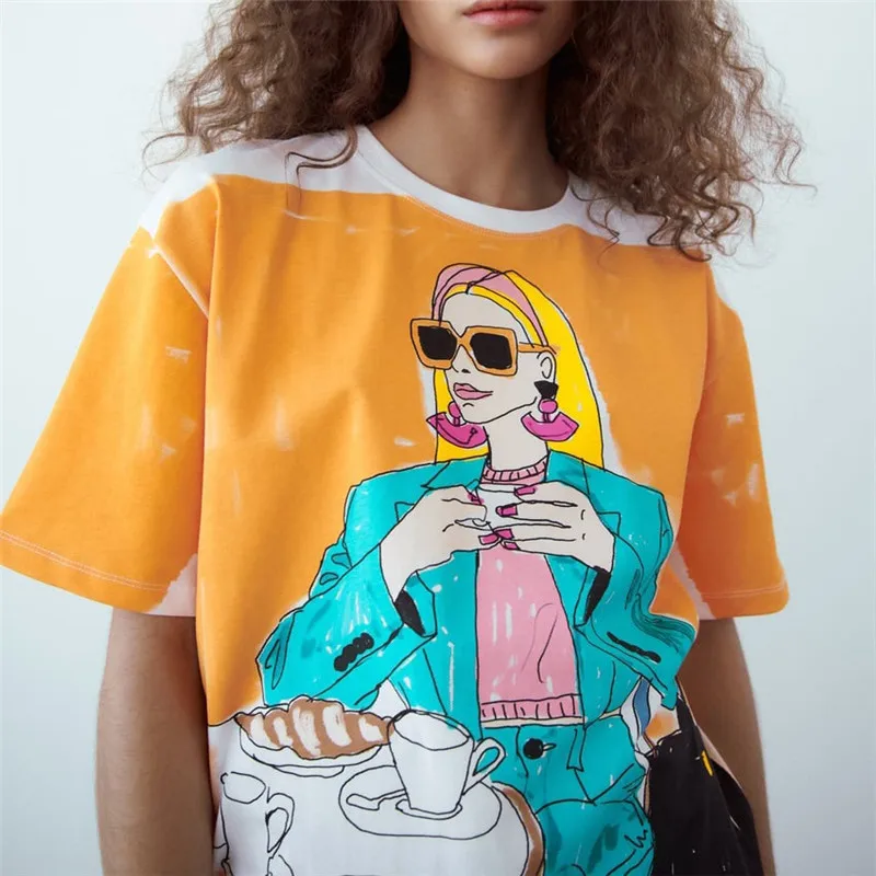 

2023 women orange girl print cotton T shirt short sleeve O neck tees ladies casual tee shirt street wear top 6H1288