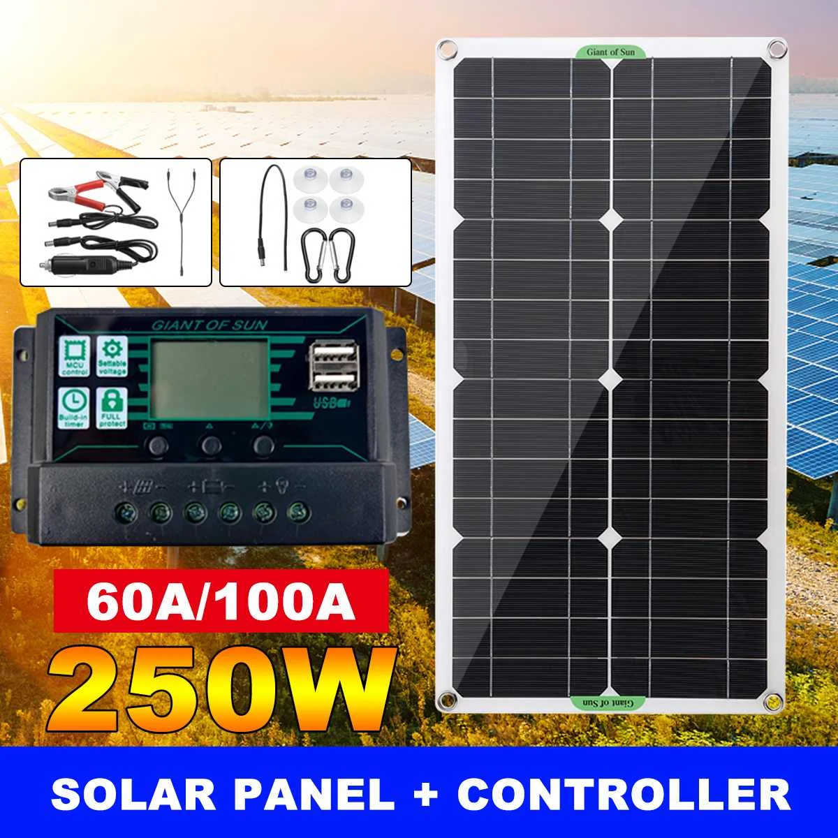 

250W Portable Solar Panel Kit Dual DC USB Charger Kit Single Crystal Semi-flexible Solar Power Panel w/ 60A/100A Solar Controlle