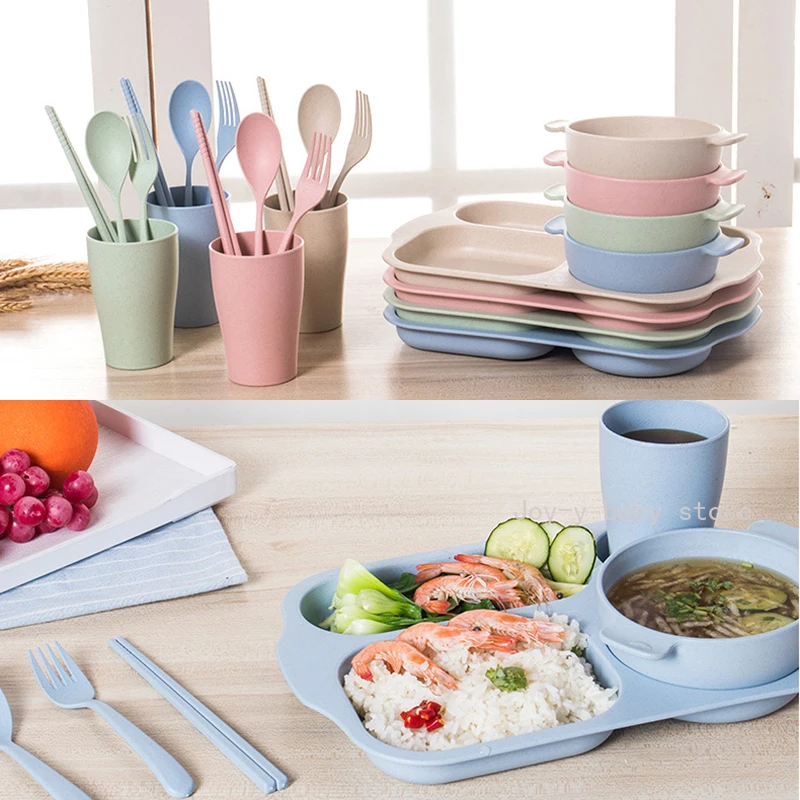 

6 шт./компл. детская столовая посуда из материала бриллиантовой пшеницы детский секционный столовый набор из соломы пластиковая прочная пос...