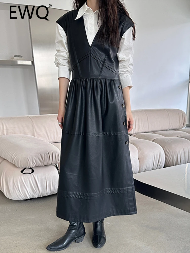 

EWQ High End Faux Leather Dress Long For Women 2023 Autumn New V Neck Sleeveless Elegant Gathered Waist Dresses Female 26D5430