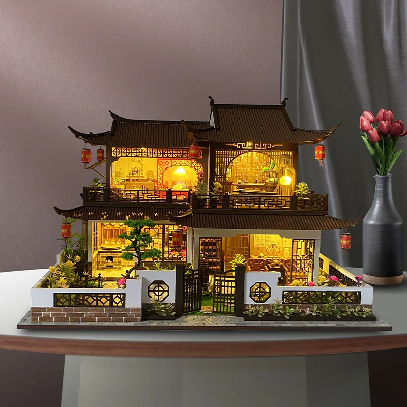 Wooden DIY Doll House Miniature Building Kits Chinese Villa Dollhouse With Furniture Light Big Casa Toy For kids Birthday Gifts